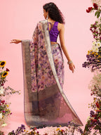 Lavender Cotton Digital Print Floral Saree with Unstitched Blouse - Hiral Fashion | Grocsy