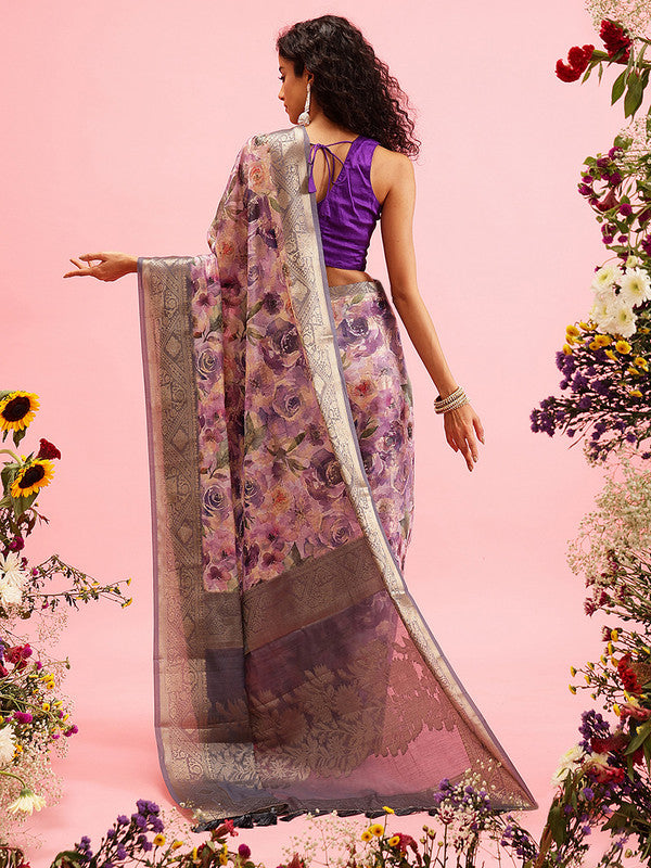 Lavender Cotton Digital Print Floral Saree with Unstitched Blouse - Hiral Fashion | Grocsy