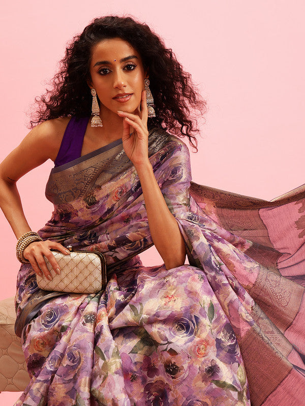 Lavender Cotton Digital Print Floral Saree with Unstitched Blouse - Hiral Fashion | Grocsy