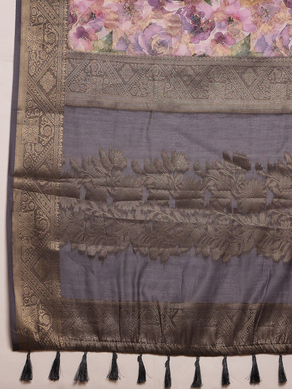 Lavender Cotton Digital Print Floral Saree with Unstitched Blouse - Hiral Fashion | Grocsy