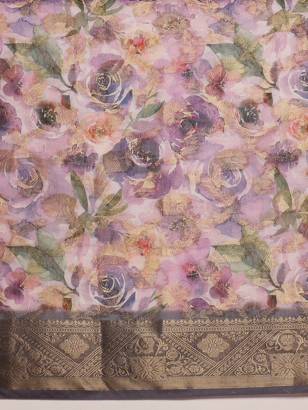 Lavender Cotton Digital Print Floral Saree with Unstitched Blouse - Hiral Fashion | Grocsy
