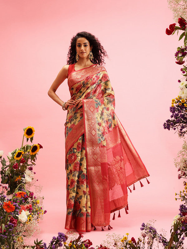 Mustard Cotton Digital Print Floral Saree with Unstitched Blouse - Hiral Fashion | Grocsy