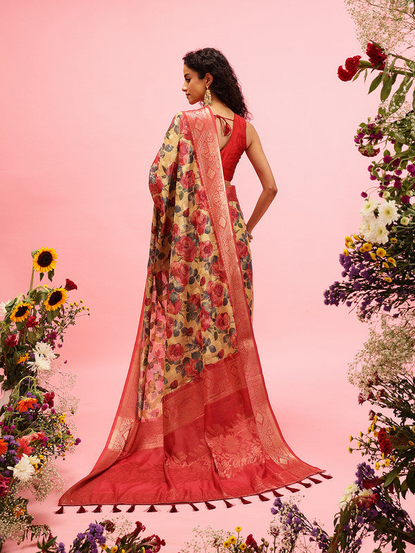 Mustard Cotton Digital Print Floral Saree with Unstitched Blouse - Hiral Fashion | Grocsy