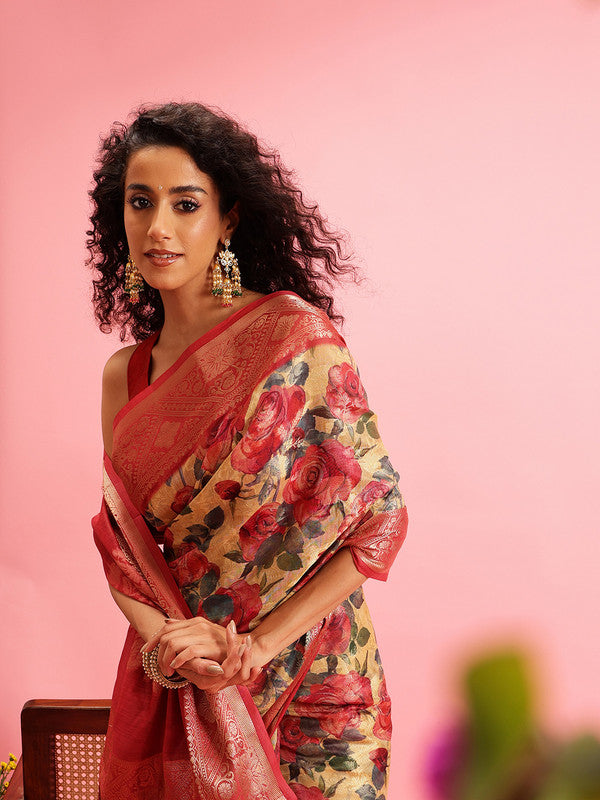 Mustard Cotton Digital Print Floral Saree with Unstitched Blouse - Hiral Fashion | Grocsy