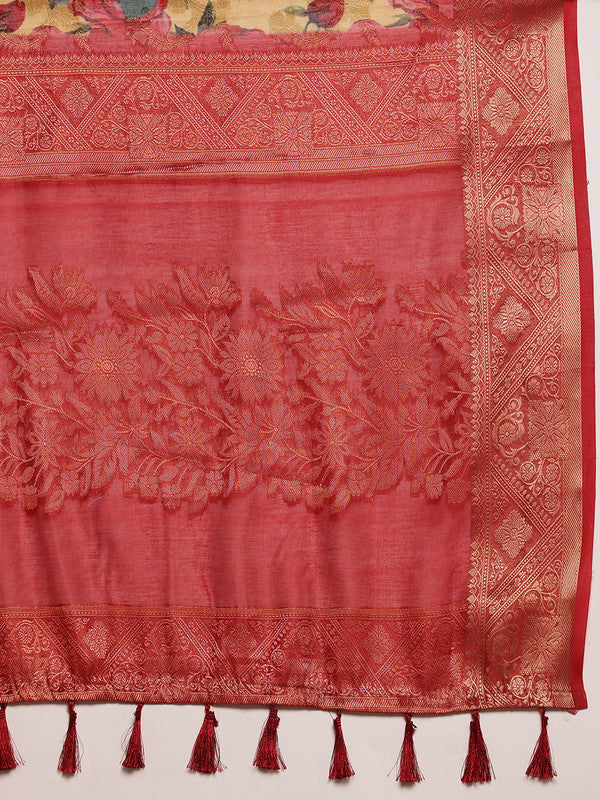 Mustard Cotton Digital Print Floral Saree with Unstitched Blouse - Hiral Fashion | Grocsy