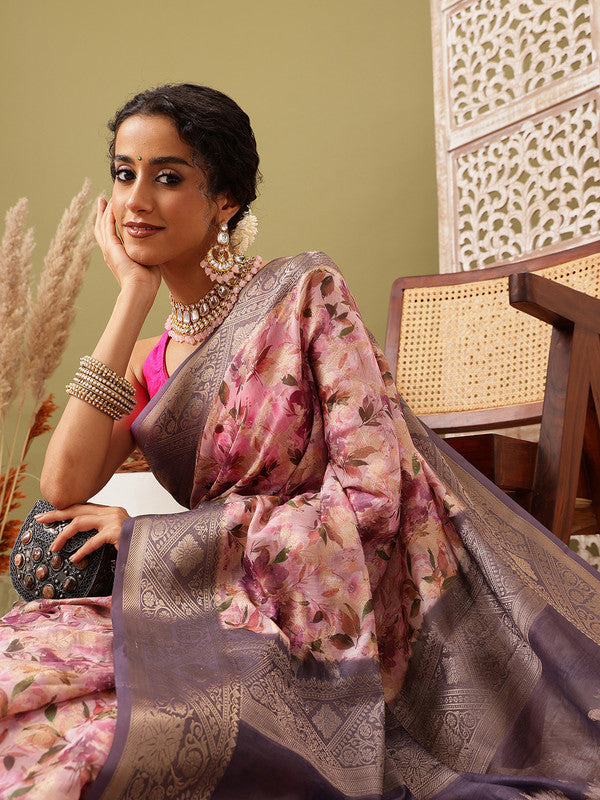 Pink Cotton Digital Print Floral Saree with Unstitched Blouse - Hiral Fashion | Grocsy