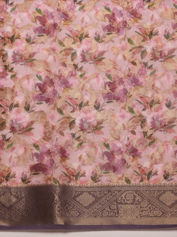 Pink Cotton Digital Print Floral Saree with Unstitched Blouse - Hiral Fashion | Grocsy