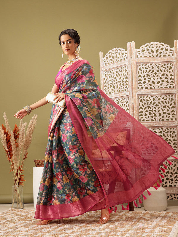 Turquoise Cotton Digital Print Floral Saree with Unstitched Blouse - Hiral Fashion | Grocsy
