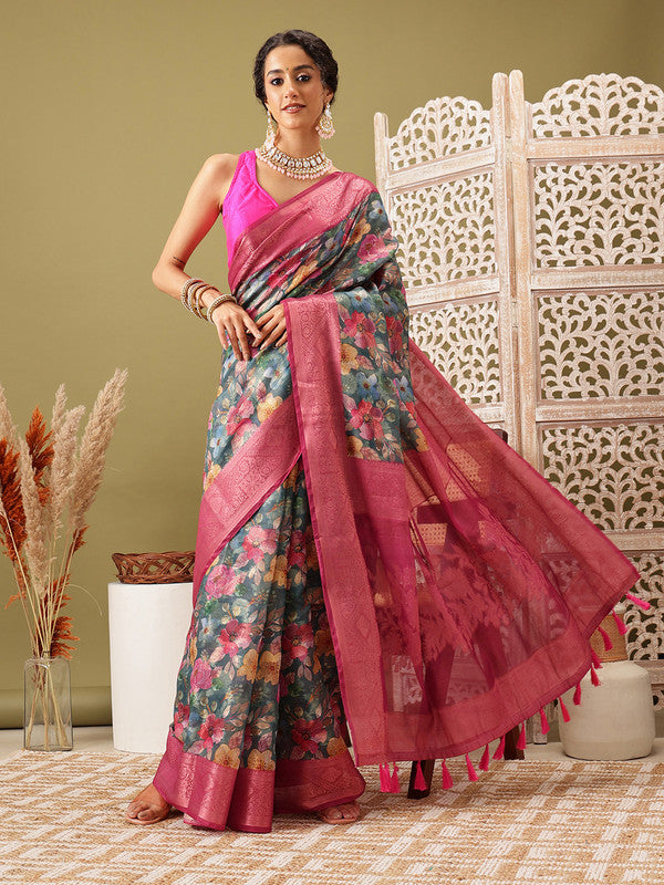 Turquoise Cotton Digital Print Floral Saree with Unstitched Blouse - Hiral Fashion | Grocsy