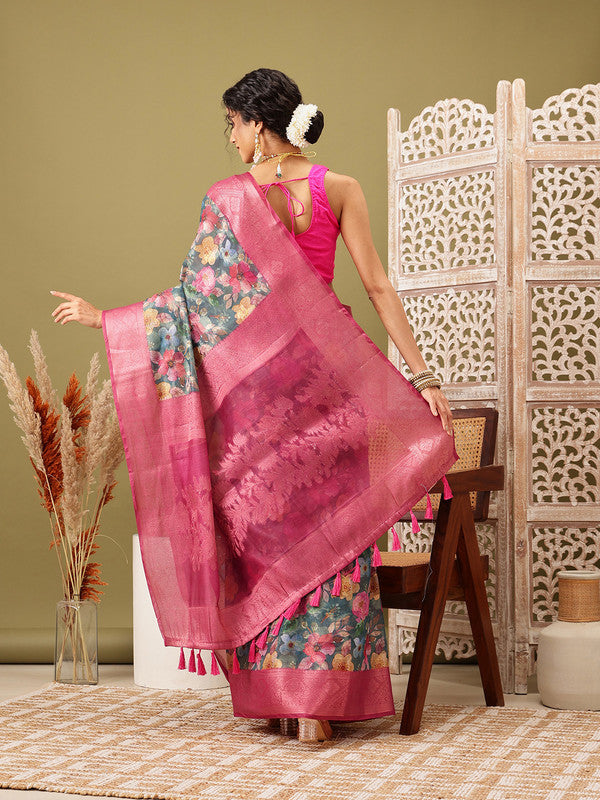 Turquoise Cotton Digital Print Floral Saree with Unstitched Blouse - Hiral Fashion | Grocsy