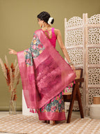Turquoise Cotton Digital Print Floral Saree with Unstitched Blouse - Hiral Fashion | Grocsy