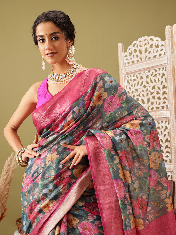 Turquoise Cotton Digital Print Floral Saree with Unstitched Blouse - Hiral Fashion | Grocsy