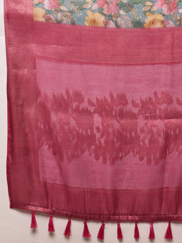 Turquoise Cotton Digital Print Floral Saree with Unstitched Blouse - Hiral Fashion | Grocsy