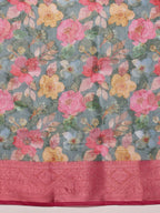 Turquoise Cotton Digital Print Floral Saree with Unstitched Blouse - Hiral Fashion | Grocsy