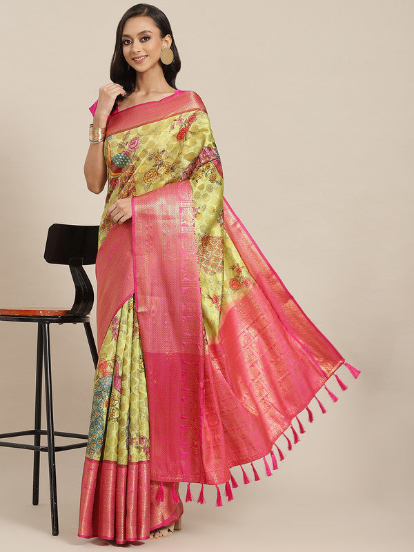 Green Art Silk Printed Polka Dots Saree with Unstitched Blouse - Hiral Fashion | Grocsy