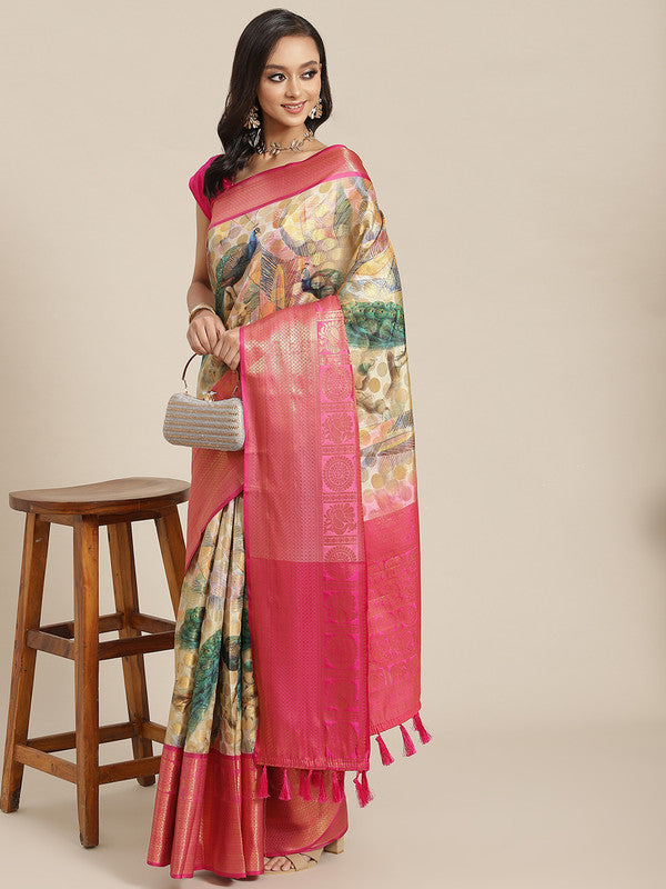 Multicolor Art Silk Printed Polka Dots Saree with Unstitched Blouse - Hiral Fashion | Grocsy
