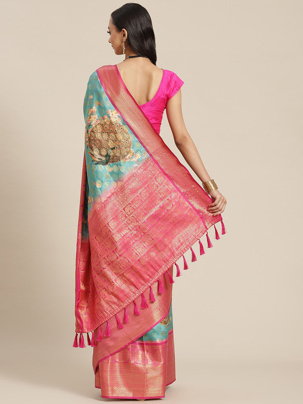 Turquoise Art Silk Printed Polka Dots Saree with Unstitched Blouse - Hiral Fashion | Grocsy