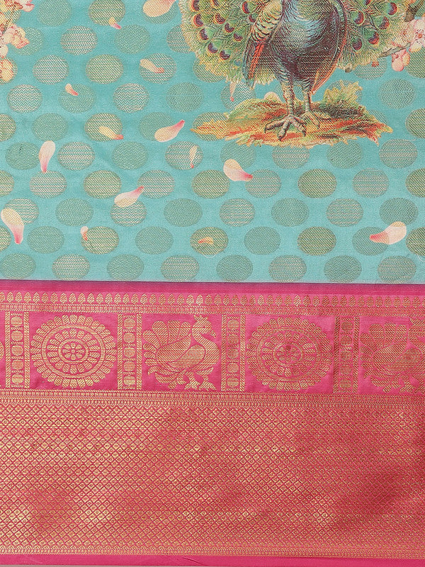 Turquoise Art Silk Printed Polka Dots Saree with Unstitched Blouse - Hiral Fashion | Grocsy