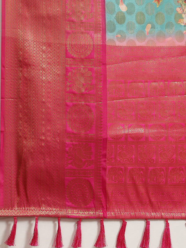 Turquoise Art Silk Printed Polka Dots Saree with Unstitched Blouse - Hiral Fashion | Grocsy