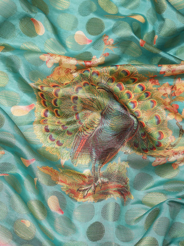 Turquoise Art Silk Printed Polka Dots Saree with Unstitched Blouse - Hiral Fashion | Grocsy