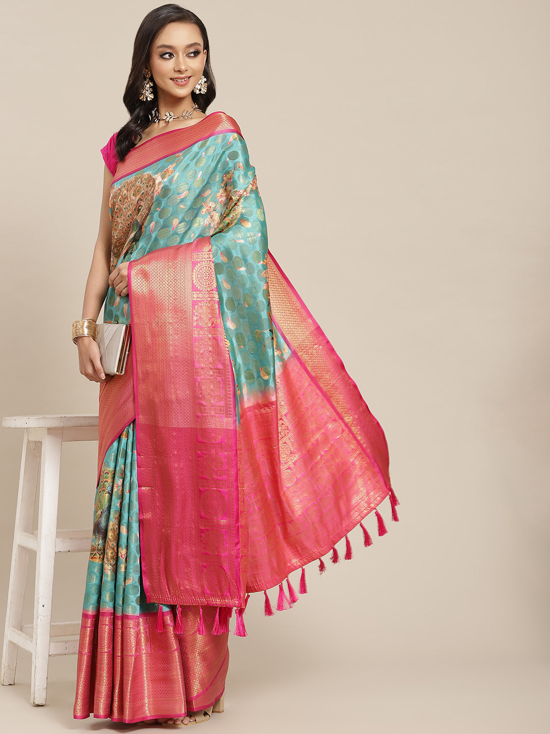 Turquoise Art Silk Printed Polka Dots Saree with Unstitched Blouse - Hiral Fashion | Grocsy
