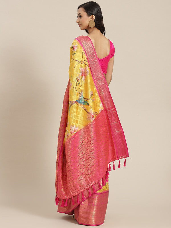 Yellow Art Silk Printed Polka Dots Saree with Unstitched Blouse - Hiral Fashion | Grocsy