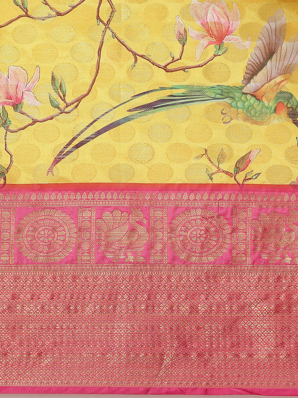 Yellow Art Silk Printed Polka Dots Saree with Unstitched Blouse - Hiral Fashion | Grocsy
