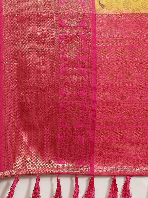 Yellow Art Silk Printed Polka Dots Saree with Unstitched Blouse - Hiral Fashion | Grocsy