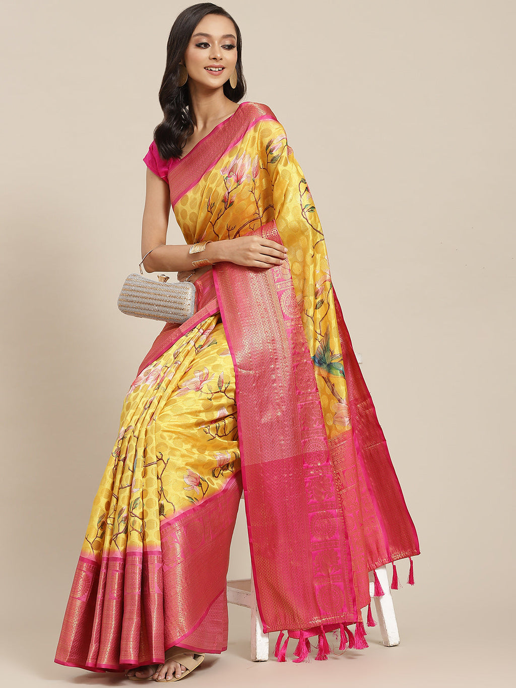 Yellow Art Silk Printed Polka Dots Saree with Unstitched Blouse - Hiral Fashion | Grocsy