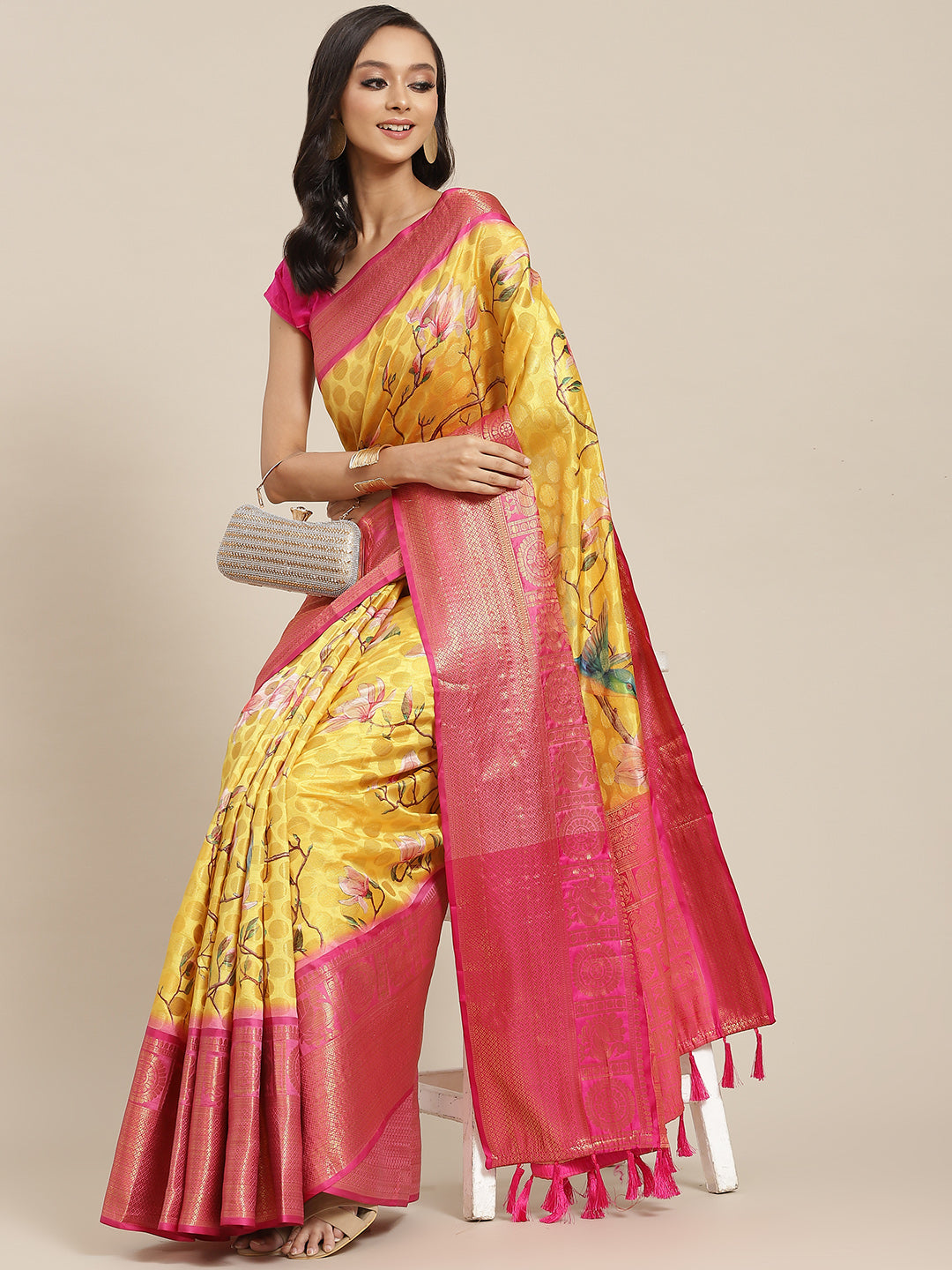 Yellow Art Silk Printed Polka Dots Saree with Unstitched Blouse - Hiral Fashion | Grocsy