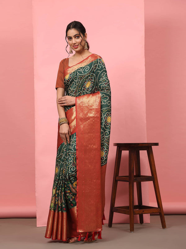 Green Silk Blend Digital Print Bandhani Saree with Unstitched Blouse - Hiral Fashion | Grocsy