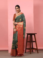 Green Silk Blend Digital Print Bandhani Saree with Unstitched Blouse - Hiral Fashion | Grocsy