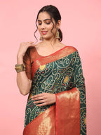 Green Silk Blend Digital Print Bandhani Saree with Unstitched Blouse - Hiral Fashion | Grocsy