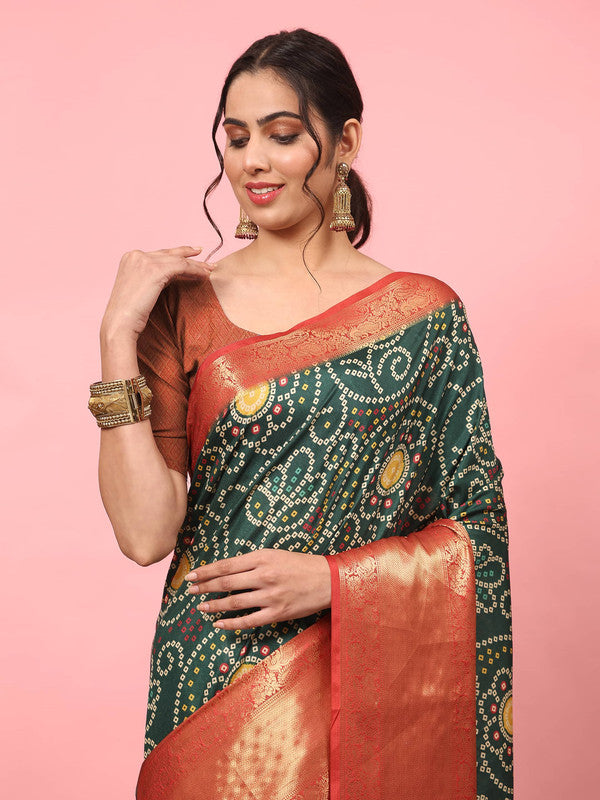 Green Silk Blend Digital Print Bandhani Saree with Unstitched Blouse - Hiral Fashion | Grocsy