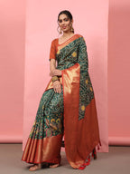 Green Silk Blend Digital Print Bandhani Saree with Unstitched Blouse - Hiral Fashion | Grocsy