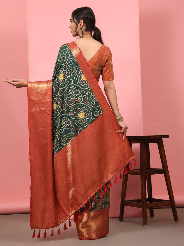 Green Silk Blend Digital Print Bandhani Saree with Unstitched Blouse - Hiral Fashion | Grocsy