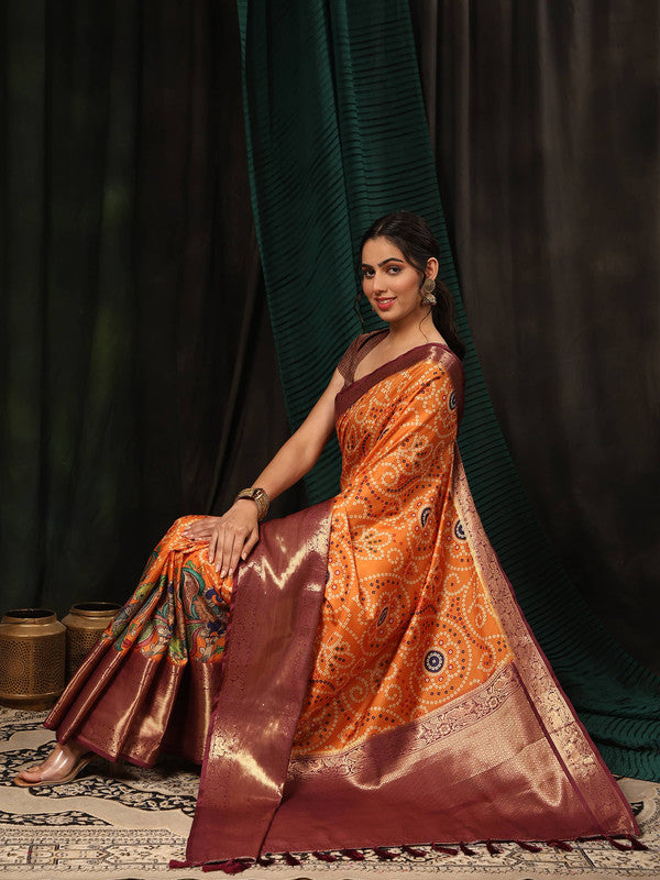 Orange Silk Blend Digital Print Bandhani Saree with Unstitched Blouse - Hiral Fashion | Grocsy