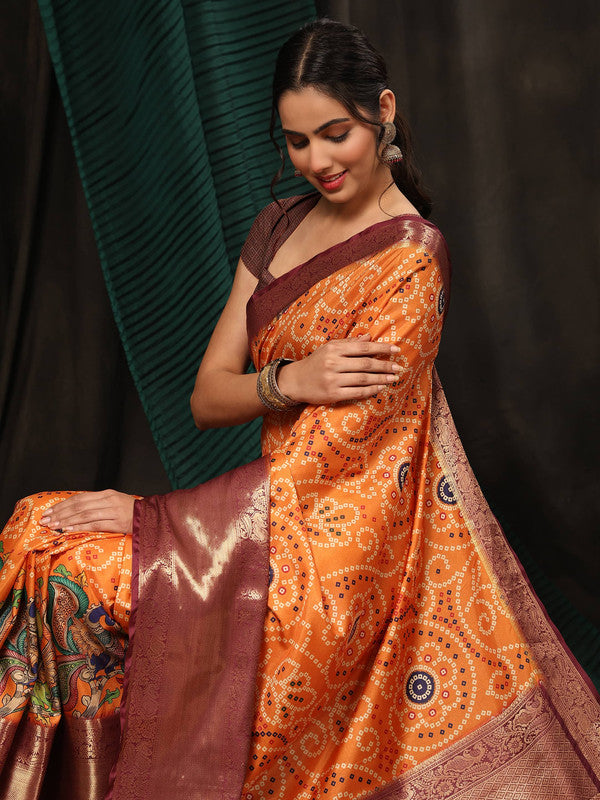 Orange Silk Blend Digital Print Bandhani Saree with Unstitched Blouse - Hiral Fashion | Grocsy