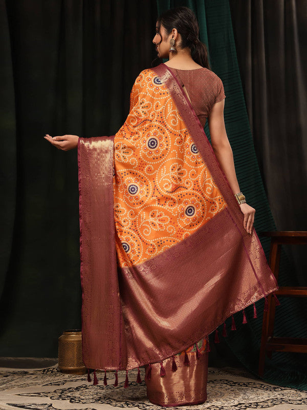 Orange Silk Blend Digital Print Bandhani Saree with Unstitched Blouse - Hiral Fashion | Grocsy