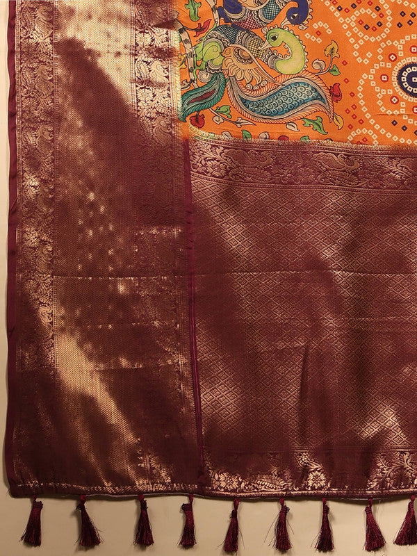 Orange Silk Blend Digital Print Bandhani Saree with Unstitched Blouse - Hiral Fashion | Grocsy