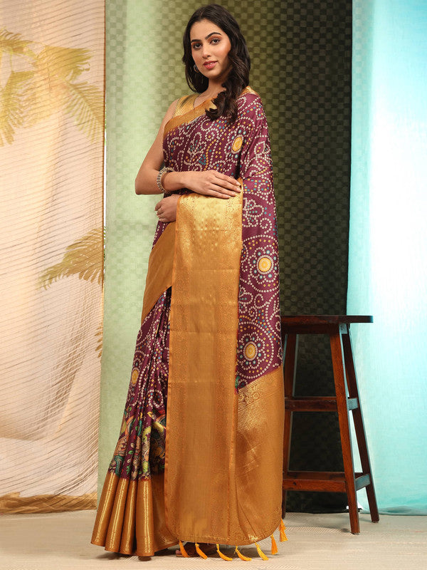 Purple Silk Blend Digital Print Bandhani Saree with Unstitched Blouse - Hiral Fashion | Grocsy
