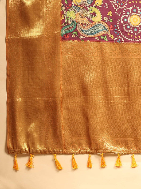 Purple Silk Blend Digital Print Bandhani Saree with Unstitched Blouse - Hiral Fashion | Grocsy