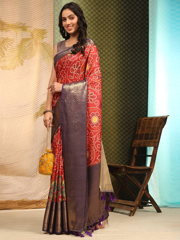 Red Silk Blend Digital Print Bandhani Saree with Unstitched Blouse - Hiral Fashion | Grocsy