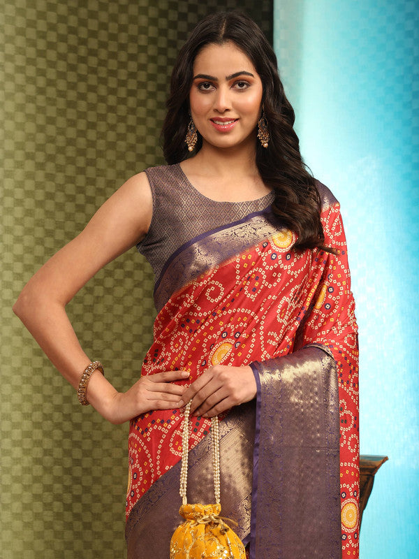 Red Silk Blend Digital Print Bandhani Saree with Unstitched Blouse - Hiral Fashion | Grocsy