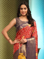 Red Silk Blend Digital Print Bandhani Saree with Unstitched Blouse - Hiral Fashion | Grocsy