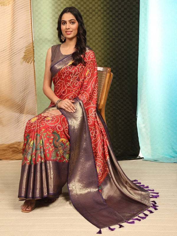 Red Silk Blend Digital Print Bandhani Saree with Unstitched Blouse - Hiral Fashion | Grocsy