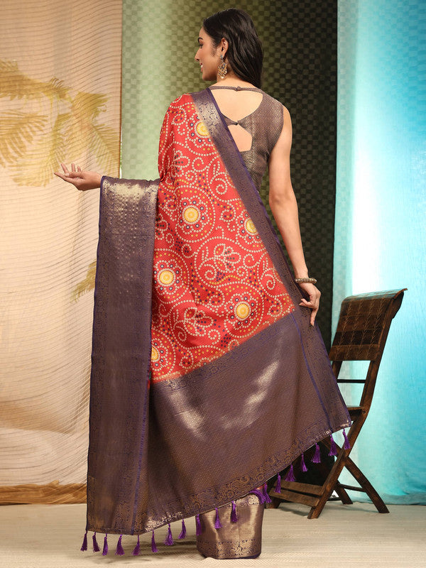 Red Silk Blend Digital Print Bandhani Saree with Unstitched Blouse - Hiral Fashion | Grocsy