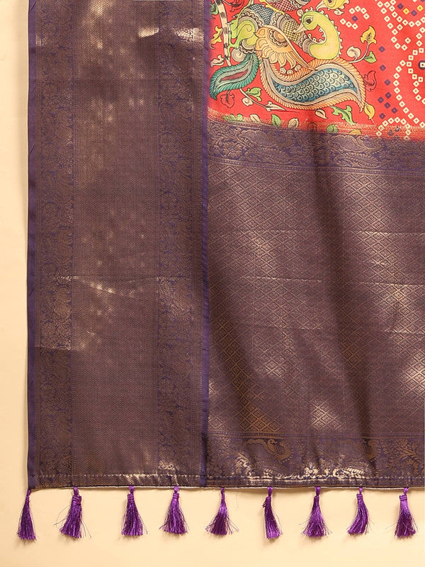 Red Silk Blend Digital Print Bandhani Saree with Unstitched Blouse - Hiral Fashion | Grocsy