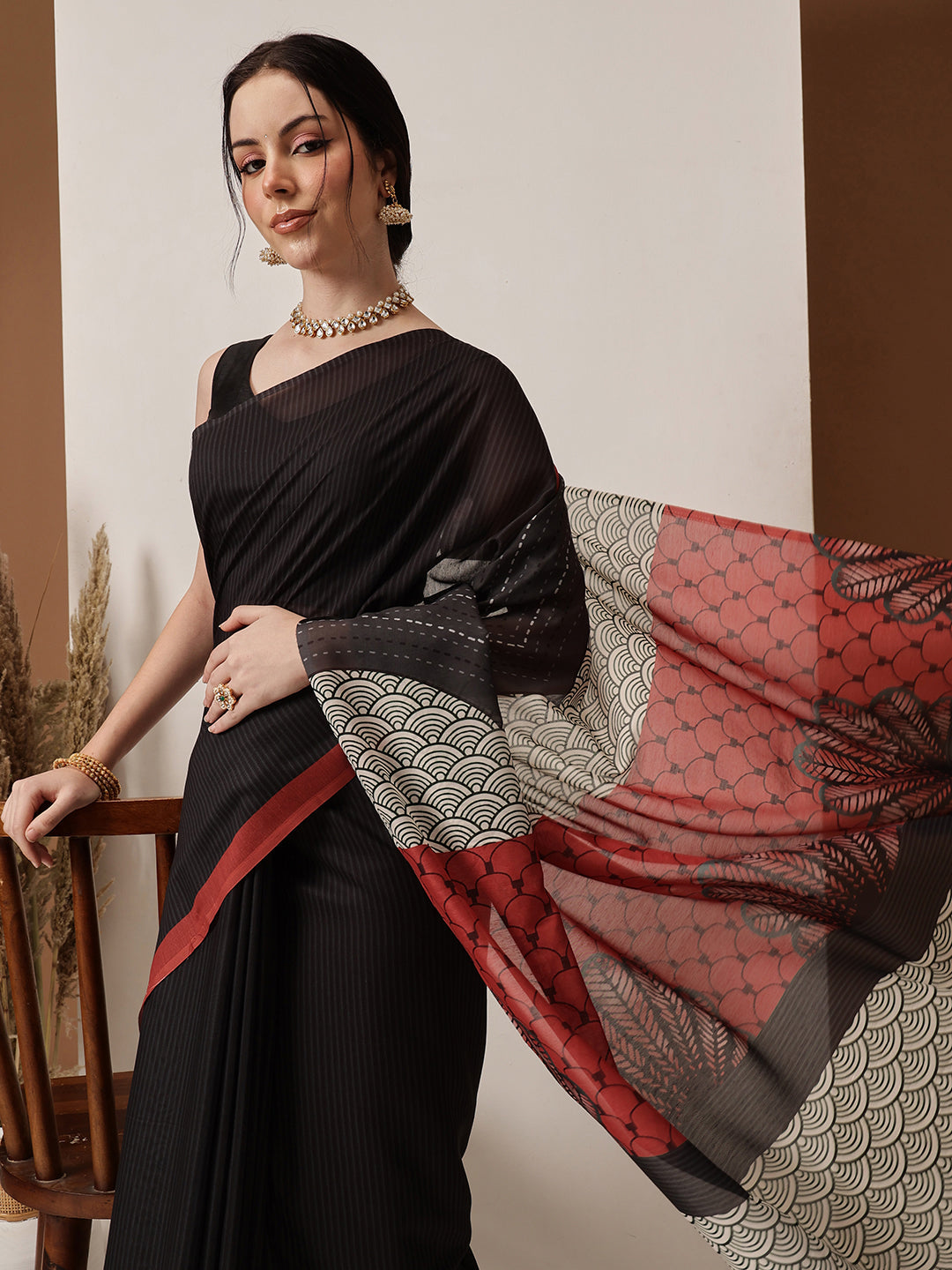 Hiral Fashion Black Bollywood Mul Cotton Stripes Digital Printed Saree | Grocsy