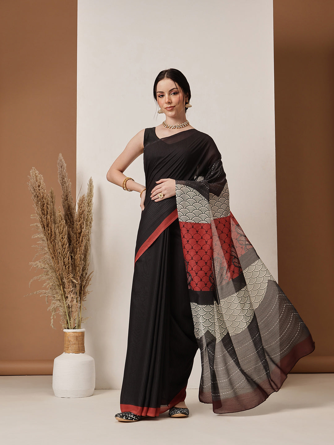 Hiral Fashion Black Bollywood Mul Cotton Stripes Digital Printed Saree | Grocsy